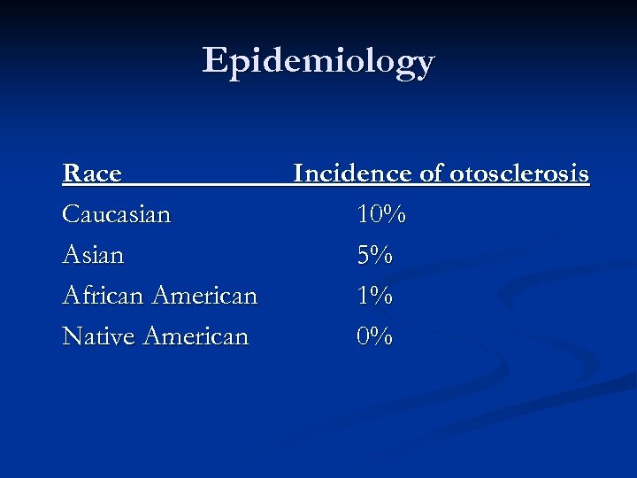 Epidemiology Race Caucasian African American Native American Incidence of otosclerosis 10% 5% 1% 0%