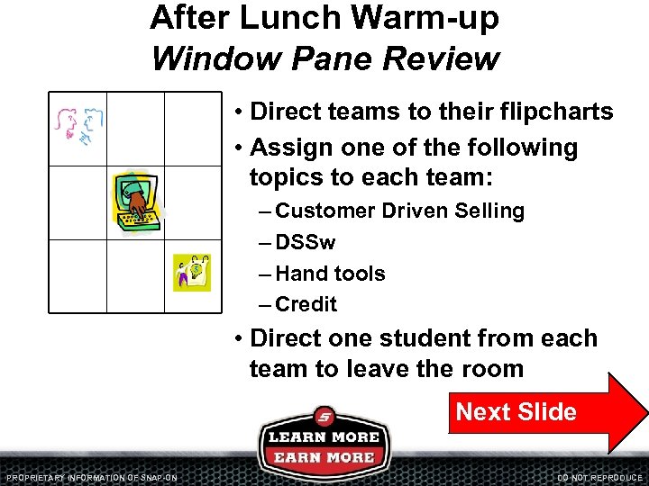 After Lunch Warm-up Window Pane Review • Direct teams to their flipcharts • Assign