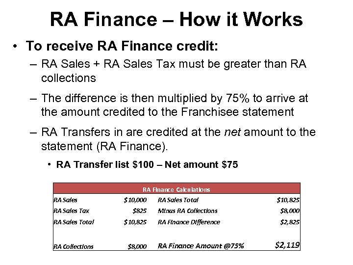 RA Finance – How it Works • To receive RA Finance credit: – RA