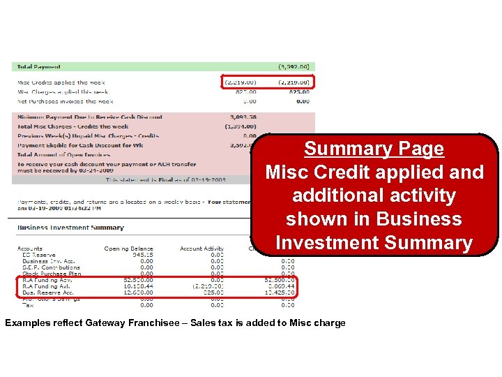 Summary Page Misc Credit applied and additional activity shown in Business Investment Summary Examples