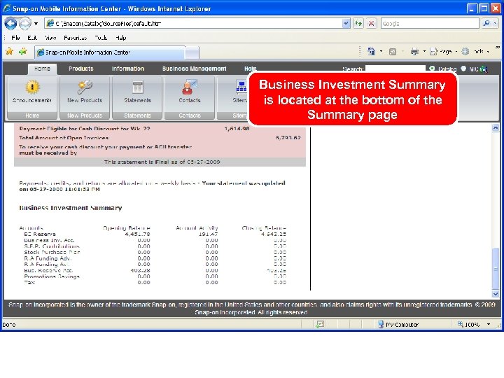 Business Investment Summary is located at the bottom of the Summary page 