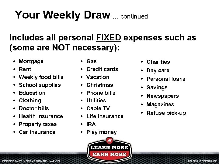 Your Weekly Draw … continued Includes all personal FIXED expenses such as (some are