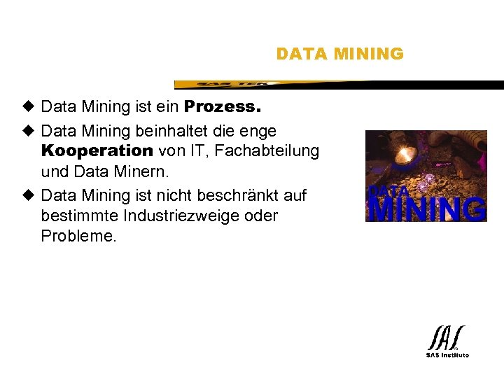 SAS Technical Expertise and Know-how ® DATA MINING u Data Mining ist ein Prozess.