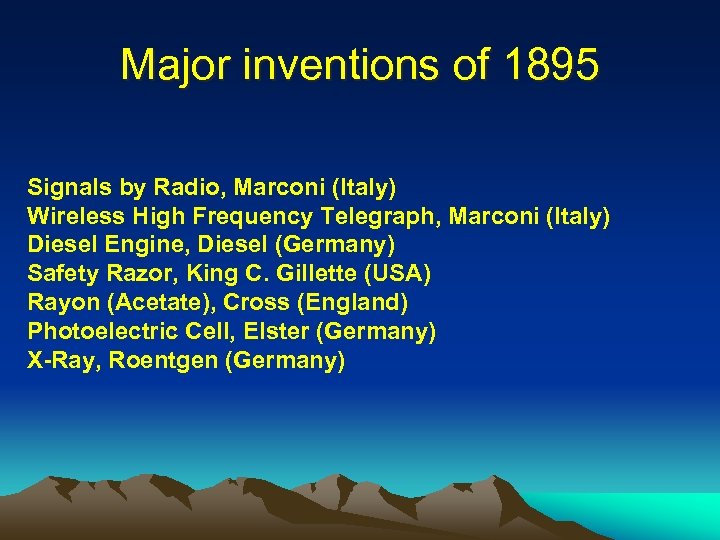 Major inventions of 1895 Signals by Radio, Marconi (Italy) Wireless High Frequency Telegraph, Marconi