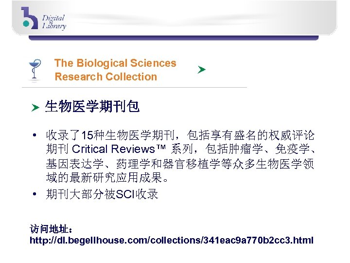 The Biological Sciences Research Collection 生物医学期刊包 • 收录了15种生物医学期刊，包括享有盛名的权威评论 期刊 Critical Reviews™ 系列，包括肿瘤学、免疫学、 基因表达学、药理学和器官移植学等众多生物医学领 域的最新研究应用成果。