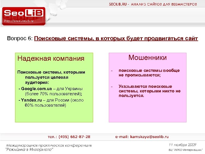 Вопрос 6: Поисковые системы, в которых будет продвигаться сайт Мошенники Надежная компания Поисковые системы,