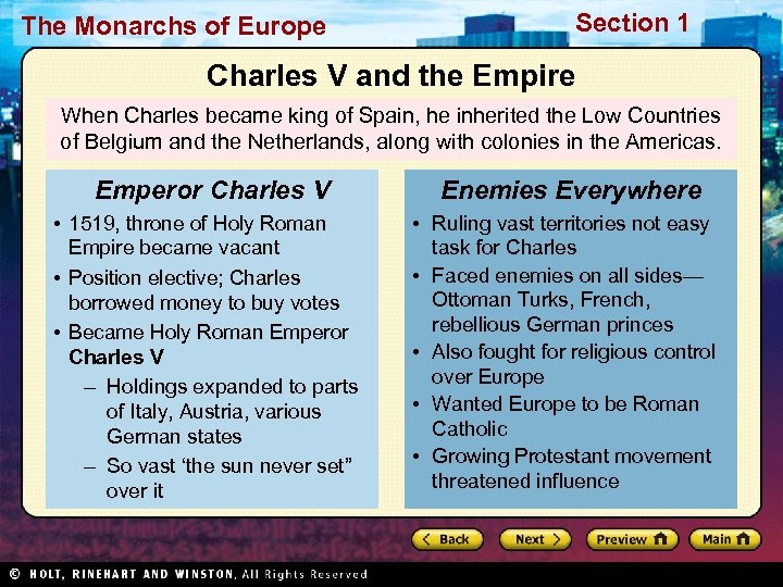 The Monarchs of Europe Section 1 Charles V and the Empire When Charles became