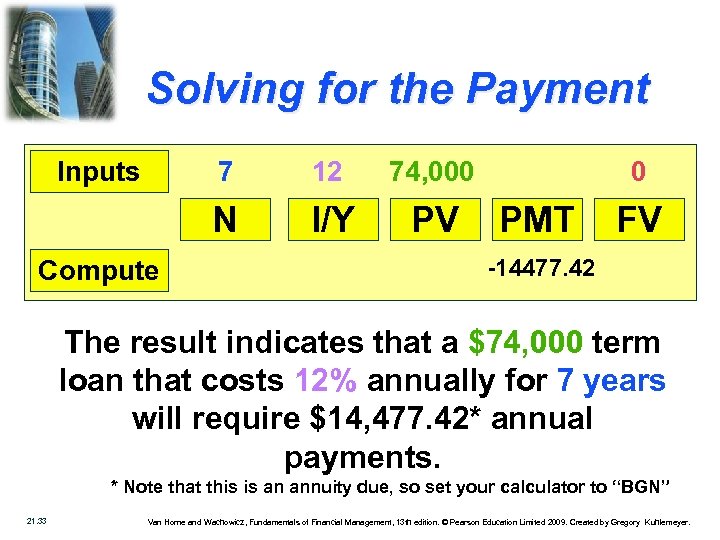 Solving for the Payment Inputs 7 74, 000 N Compute 12 I/Y PV 0