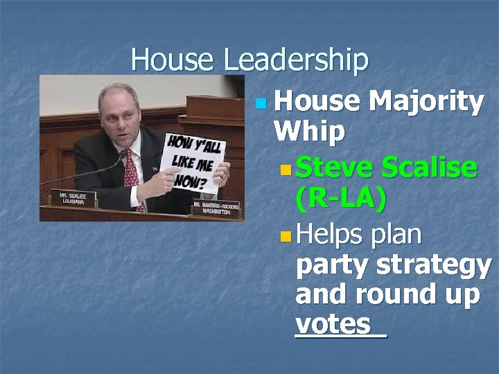 House Leadership n House Majority Whip n Steve Scalise (R-LA) n Helps plan party