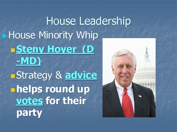 House Leadership n House Minority Whip n Steny Hoyer (D -MD) n Strategy &