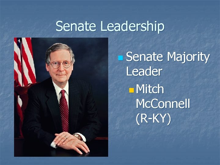 Senate Leadership n Senate Majority Leader n Mitch Mc. Connell (R-KY) 
