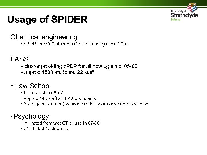 Usage of SPIDER Chemical engineering • e. PDP for ~300 students (17 staff users)