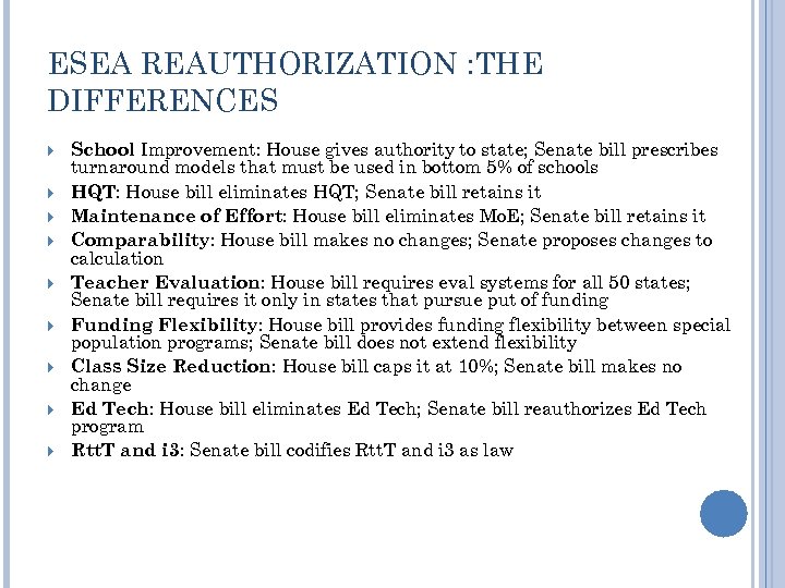 ESEA REAUTHORIZATION : THE DIFFERENCES School Improvement: House gives authority to state; Senate bill