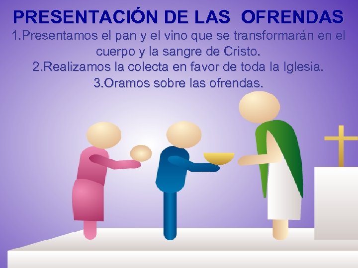PRESENTACIÓN DE LAS OFRENDAS 1. Presentamos el pan y el vino que se transformarán