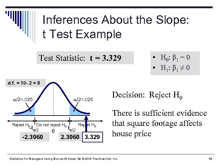 Inferences About the Slope: t Test Example Test Statistic: t = 3. 329 §
