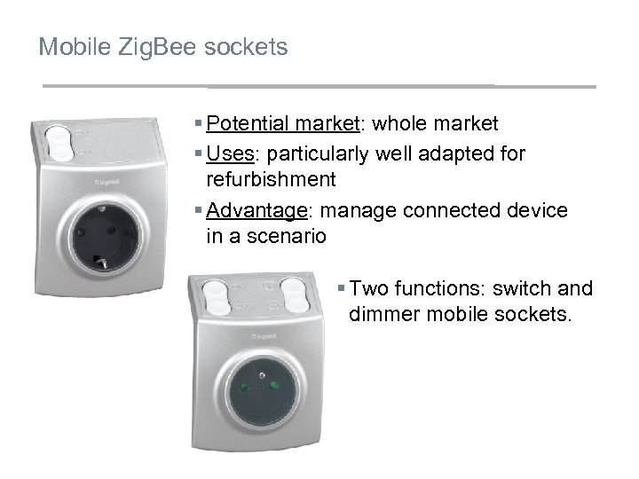 Mobile Zig. Bee sockets § Potential market: whole market § Uses: particularly well adapted