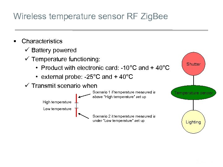 Wireless temperature sensor RF Zig. Bee § Characteristics ü Battery powered ü Temperature functioning: