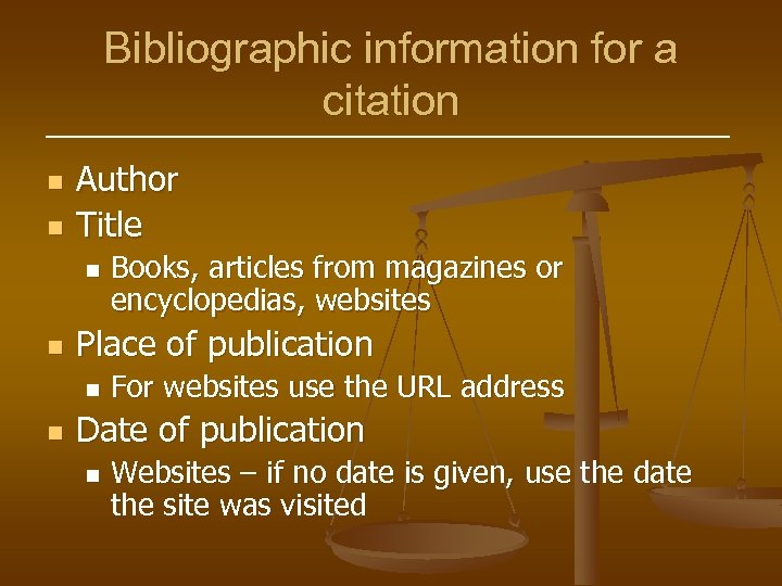 Bibliographic information for a citation n n Author Title n n Place of publication