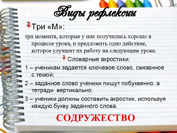 Виды рефлексии Три «М» : три момента, которые у них получились хорошо в процессе