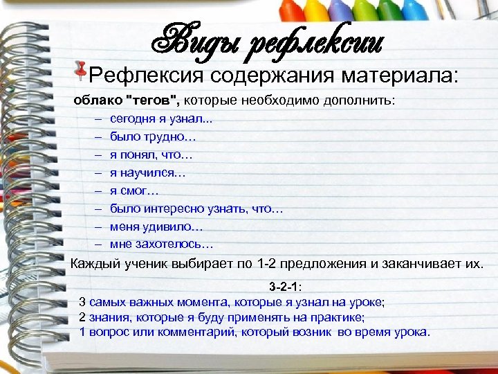 Виды рефлексии Рефлексия содержания материала: облако "тегов", которые необходимо дополнить: – – – –