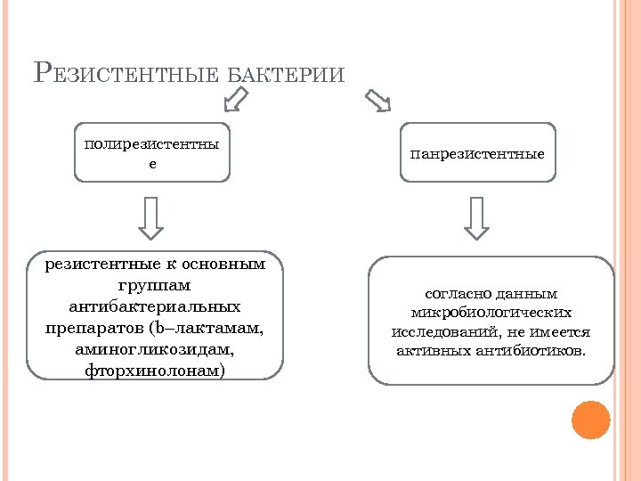 РЕЗИСТЕНТНЫЕ БАКТЕРИИ полирезистентны е резистентные к основным группам антибактериальных препаратов (b–лактамам, аминогликозидам, фторхинолонам) панрезистентные