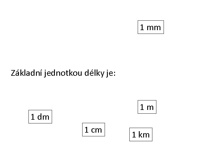 1 mm Základní jednotkou délky je: 1 m 1 dm 1 cm 1 km