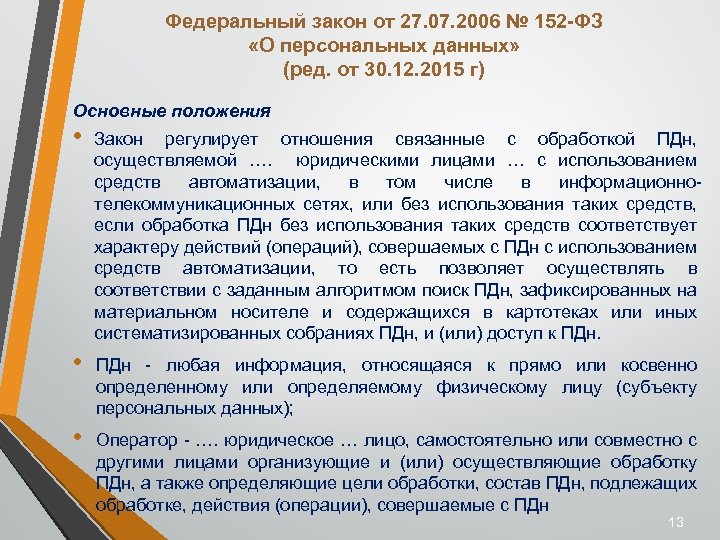 Федеральный закон от 27. 07. 2006 № 152 -ФЗ «О персональных данных» (ред. от
