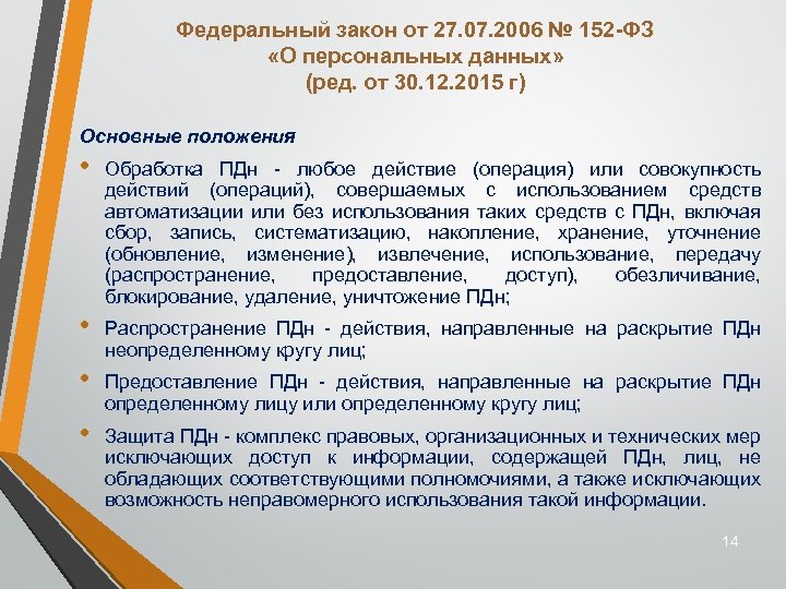Федеральный закон от 27. 07. 2006 № 152 -ФЗ «О персональных данных» (ред. от