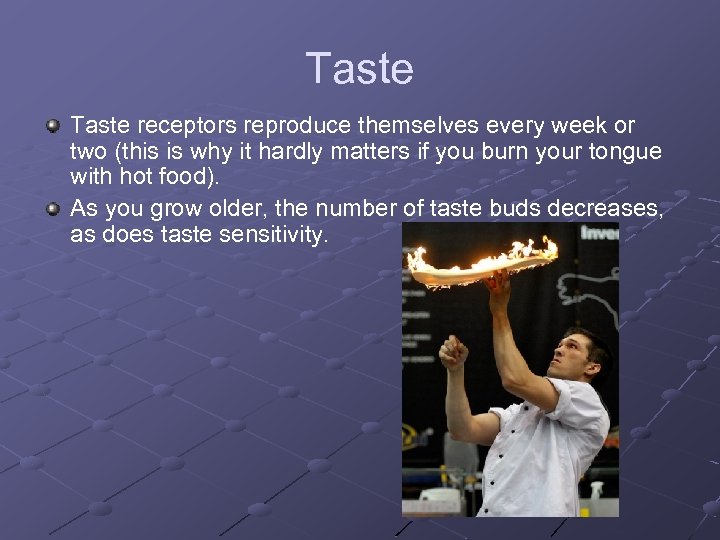 Taste receptors reproduce themselves every week or two (this is why it hardly matters