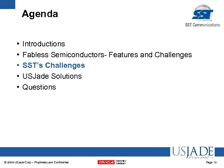 Agenda • • • Introductions Fabless Semiconductors- Features and Challenges SST’s Challenges USJade Solutions