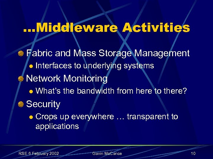 …Middleware Activities Fabric and Mass Storage Management l Interfaces to underlying systems Network Monitoring