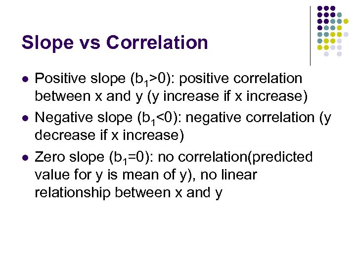 Slope vs Correlation l l l Positive slope (b 1>0): positive correlation between x