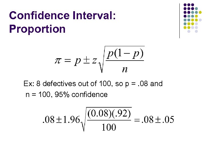 Confidence Interval: Proportion Ex: 8 defectives out of 100, so p =. 08 and