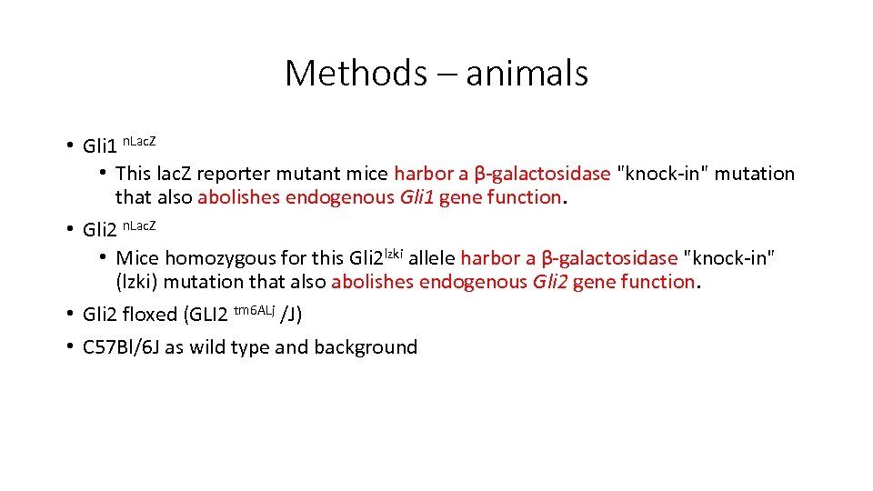 Methods – animals • Gli 1 n. Lac. Z • This lac. Z reporter