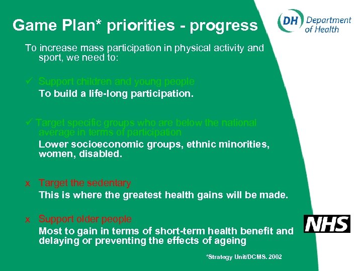 Game Plan* priorities - progress To increase mass participation in physical activity and sport,