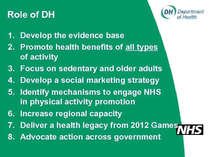 Role of DH 1. Develop the evidence base 2. Promote health benefits of all