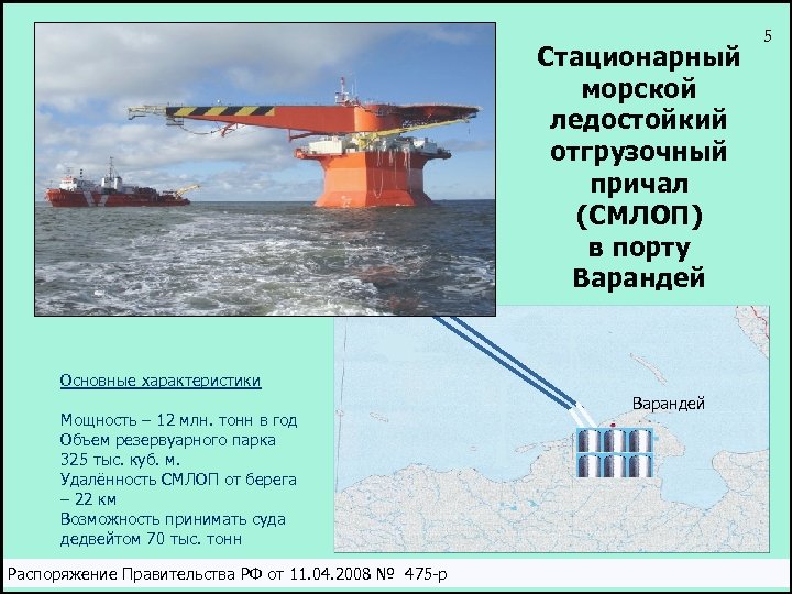 FOIROT L=22 km Стационарный морской ледостойкий отгрузочный причал (СМЛОП) в порту Варандей Основные характеристики