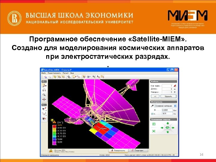 Программное обеспечение «Satellite-MIEM» . Создано для моделирования космических аппаратов при электростатических разрядах. . 16