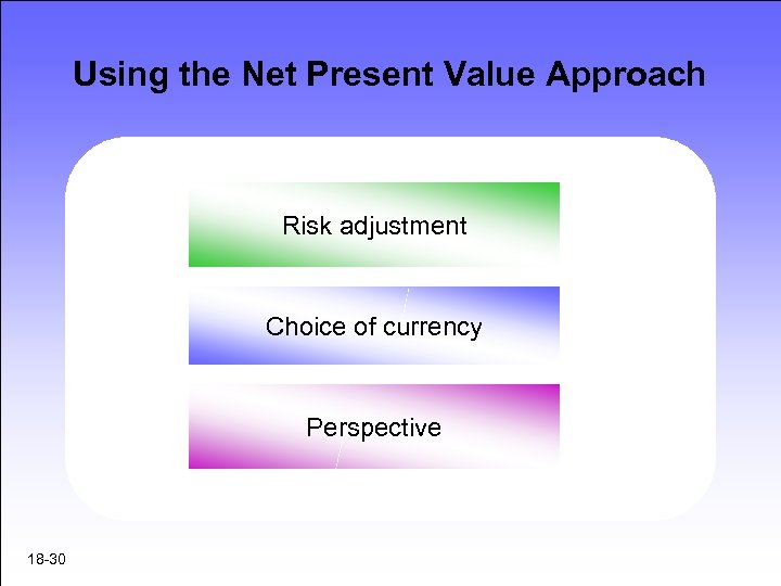 Using the Net Present Value Approach Risk adjustment Choice of currency Perspective 18 -30