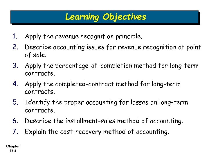 Learning Objectives 1. Apply the revenue recognition principle. 2. Describe accounting issues for revenue