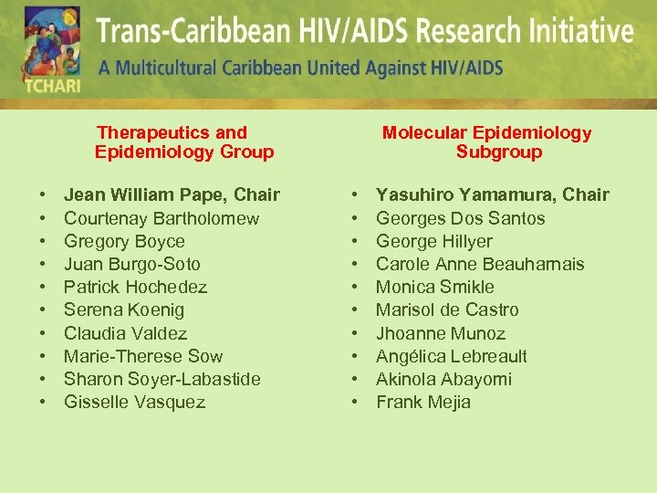 Therapeutics and Epidemiology Group • • • Jean William Pape, Chair Courtenay Bartholomew Gregory