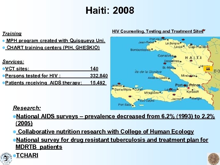 Haiti: 2008 Training l MPH program created with Quisqueya Uni. l CHART training centers