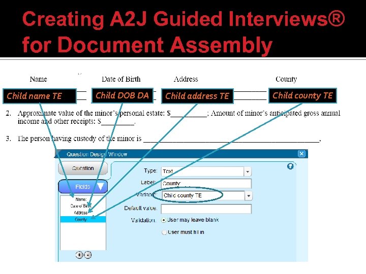 Creating A 2 J Guided Interviews® for Document Assembly Child name TE Child DOB