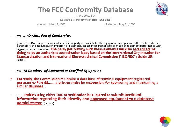 The FCC Conformity Database FCC – 00 – 171 NOTICE OF PROPOSED RULEMAKING Adopted: