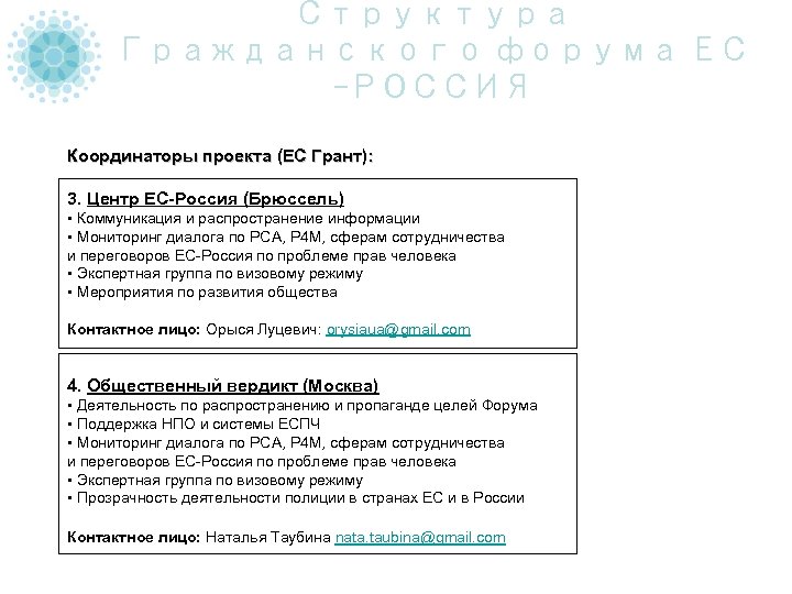 Структура Гражданского форума ЕС -РОССИЯ Координаторы проекта (ЕС Грант): 3. Центр ЕС-Россия (Брюссель) •
