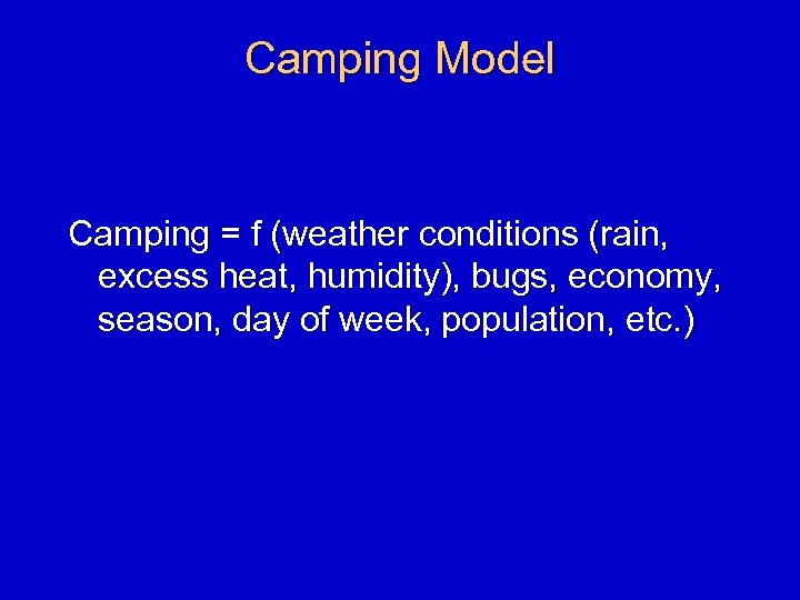Camping Model Camping = f (weather conditions (rain, excess heat, humidity), bugs, economy, season,