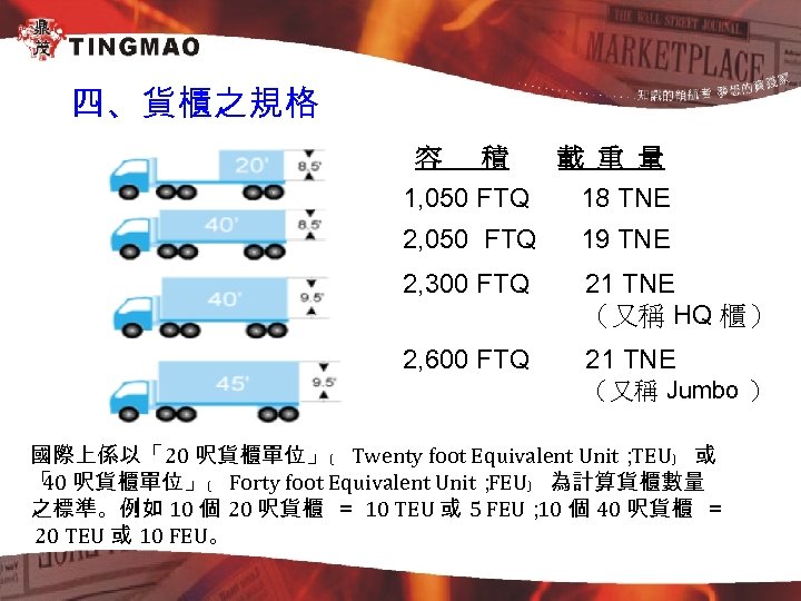 四、貨櫃之規格 容 積 載 重 量 1, 050 FTQ 18 TNE 2, 050 FTQ