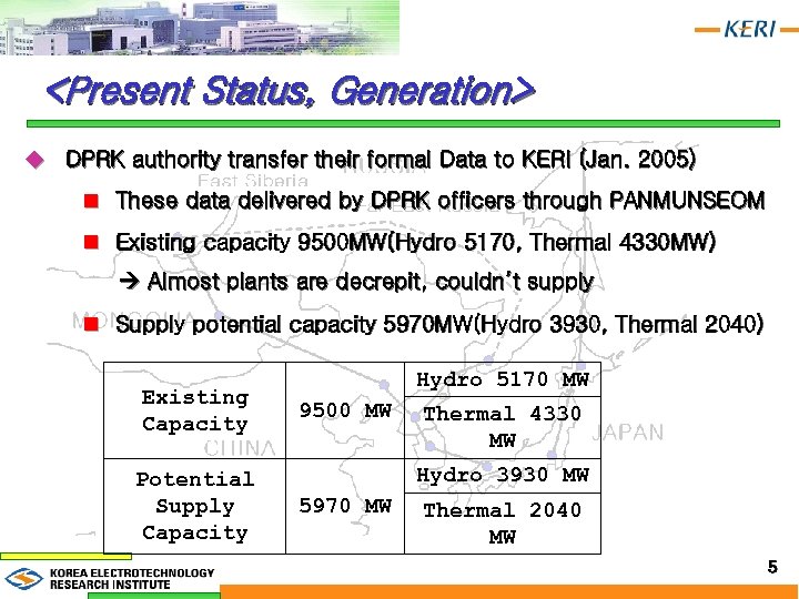 <Present Status, Generation> u DPRK authority transfer their formal Data to KERI (Jan. 2005)