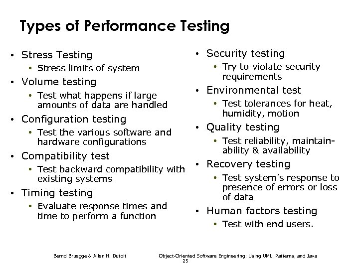 Types of Performance Testing • Security testing • Stress Testing • Try to violate