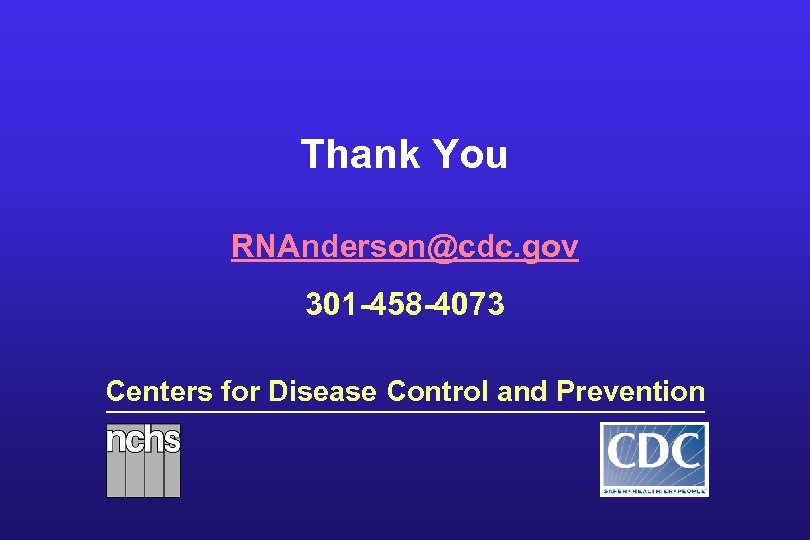 Thank You RNAnderson@cdc. gov 301 -458 -4073 Centers for Disease Control and Prevention 